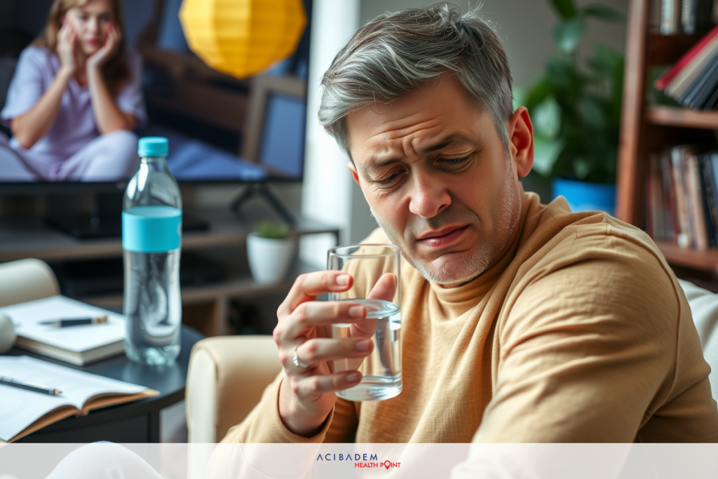 Do Dry Eyes Go Away After LASIK? A man with grey hair and a beard, wearing a yellow shirt, is seated in a living room. He's holding a glass of water, possibly drinking it. Behind him, there are books on the bookshelf, and a TV in the background.