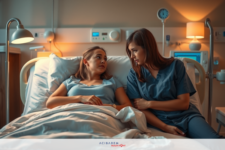 When Can You Have Sex After BBL Surgery Medical scene with two women. One is a patient in a hospital bed, the other is a healthcare professional in scrubs. They are having a conversation.