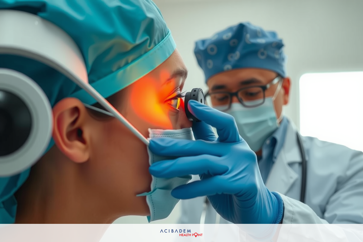 The image depicts a medical setting where an ophthalmic examination is taking place. There are two individuals in the scene: one wearing blue scrubs and goggles, who appears to be a patient undergoing examination, and another dressed in similar attire, likely a healthcare professional performing the examination. The environment suggests a clinical setting with sterile conditions. Key visual elements include medical equipment such as an ophthalmoscope that is being used to examine the eye of the patient.