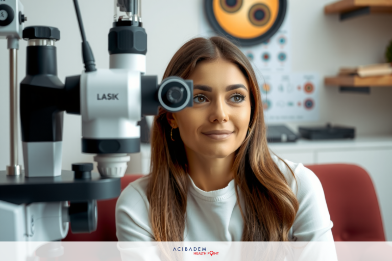 Can LASIK be Done for Multiple Eye Issues? A young woman smiling while looking at a digital eye examination machine. She is seated in an office environment with natural light coming through the window.