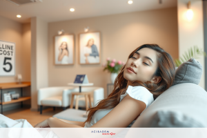 A woman sits comfortably on a couch in an office setting, her eyes slightly closed. The room has a modern, professional look, indicated by the contemporary furniture and framed art on the wall.
