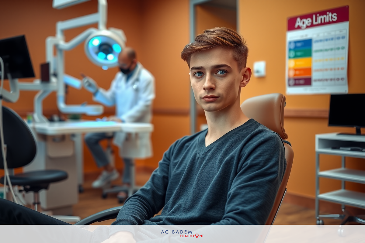 Young man with red hair sitting in a medical chair, wearing a medical gown. He has blue eyes and is looking off to the side. Medical office setting with medical equipment in background.