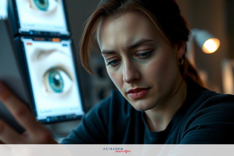 This image features a woman in a laboratory setting, surrounded by computer screens and monitors displaying images of eyes. She appears to be focused on analyzing the information presented before her, possibly related to ophthalmological research or forensic eye examination.