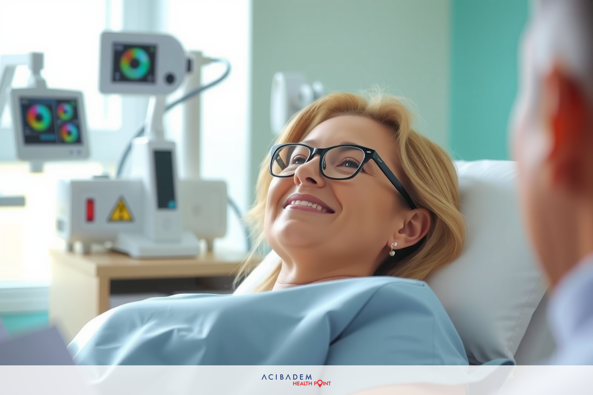 The image shows a woman in a hospital setting, lying on her back with medical equipment around her. She is smiling and appears to be interacting with a healthcare professional who is standing beside the bed.
