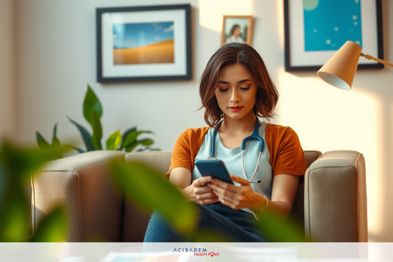 A young woman in a modern living room, comfortably seated on a couch. She is engrossed in her cell phone which she holds in both hands. Her attire consists of a casual outfit with a brown cardigan over an orange blouse and blue jeans. The room has warm lighting from a lamp to the left. On the wall hangs a collection of family photos. A house plant adds a touch of greenery to the space.