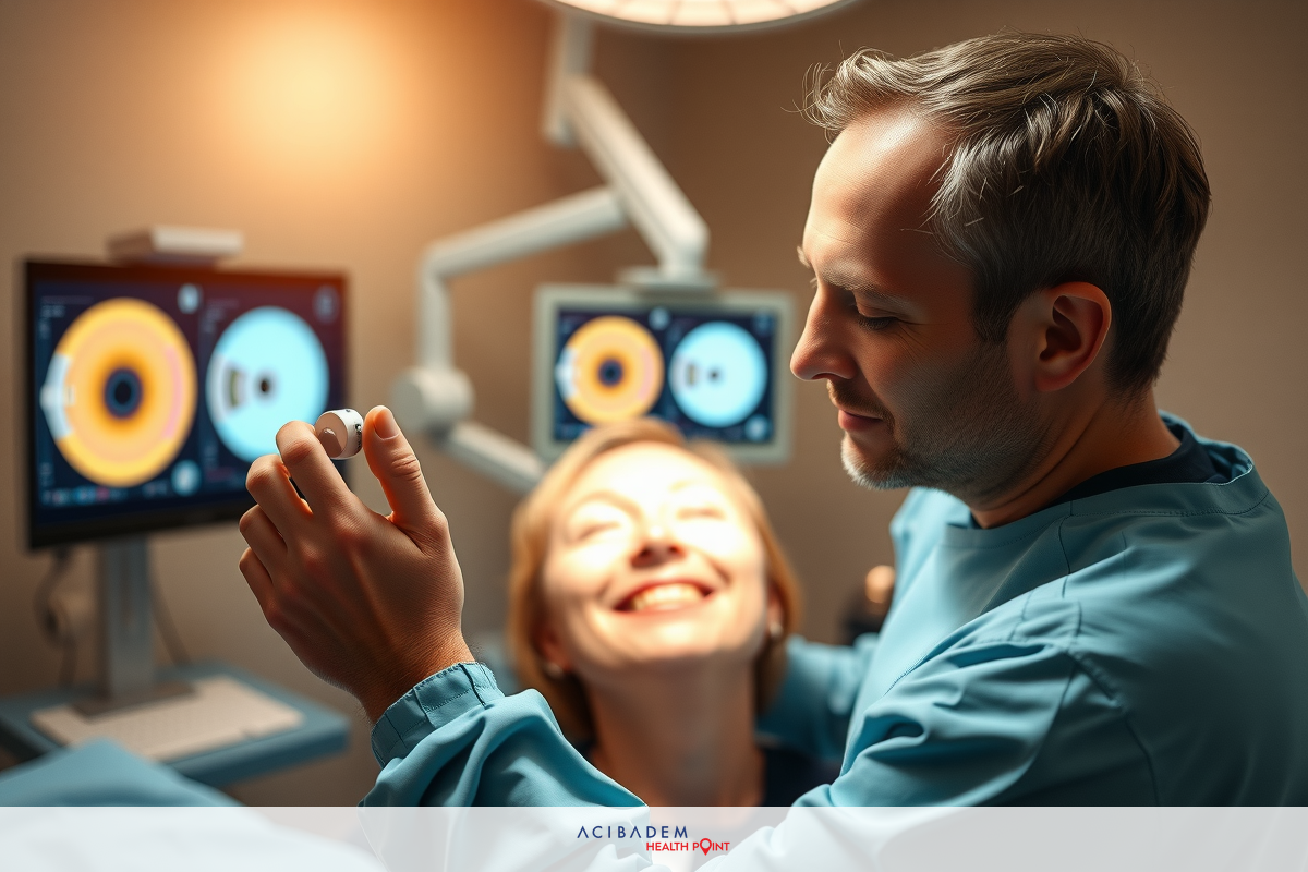 The image depicts a medical scene with two individuals. One person is seated and appears to be receiving care from the standing individual, who seems to be a healthcare professional wearing scrubs.