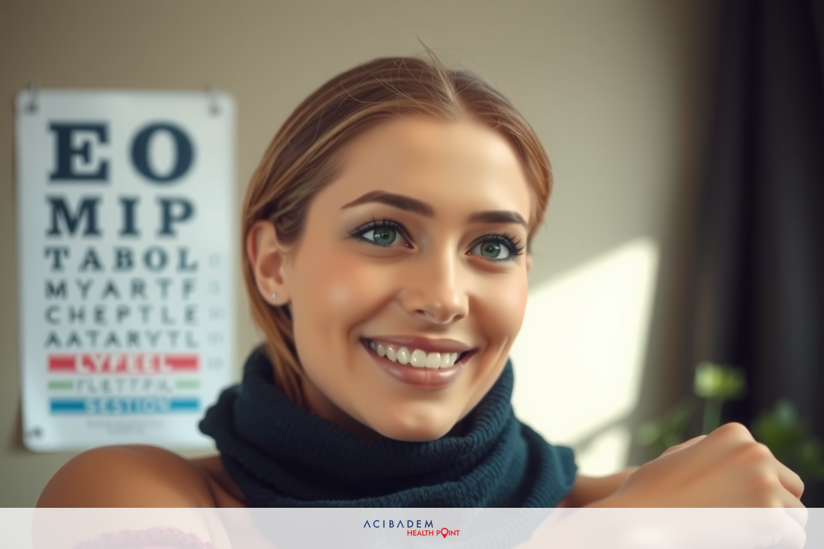 The image shows a young woman seated and smiling at the camera. She appears to be in an indoor setting, possibly a medical office given the presence of a vision chart with letters that are typically used in eye examinations. The color palette of the image is warm, with the woman's skin tone being lighter than the background.