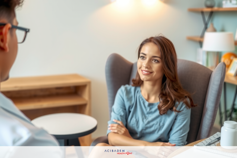 The image depicts a professional office setting with two people engaged in what appears to be an interview or a business meeting. The woman is sitting, facing the man who is standing; both are dressed in office attire. There's a modern office chair and furniture visible, indicating a contemporary workspace environment.