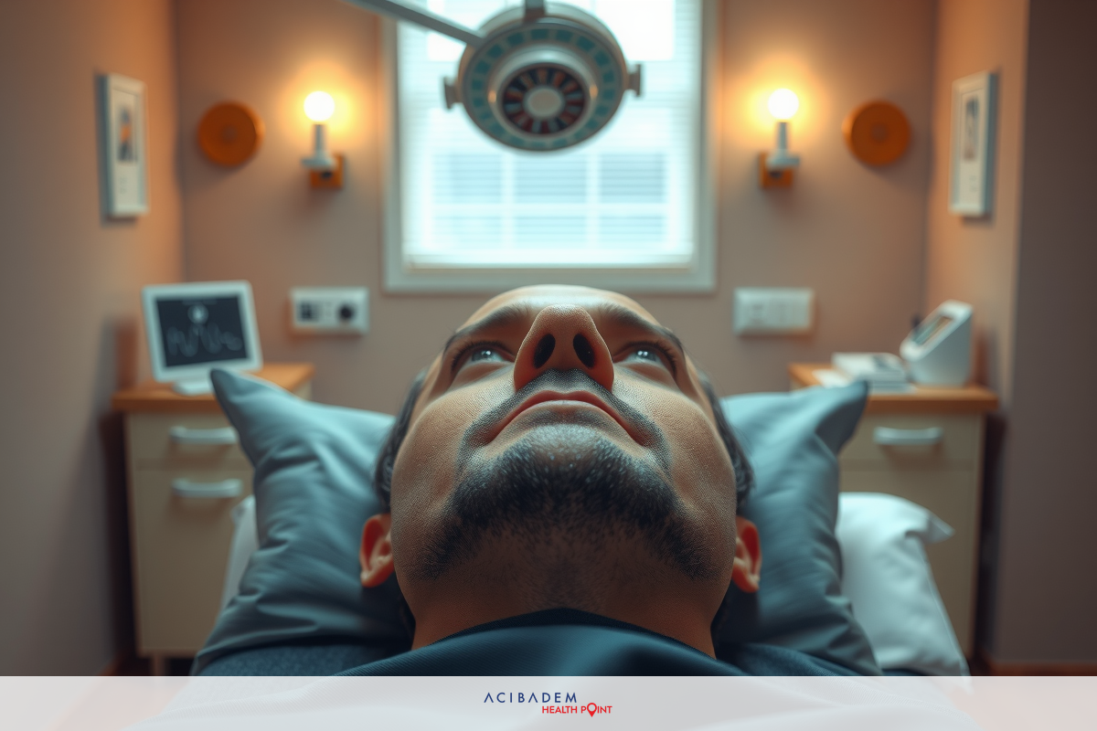 The image shows a man lying on a hospital bed. He is looking upwards, possibly at a light source or medical equipment. The environment suggests an operating room or a similar sterile healthcare setting. There are no distinctive colors visible due to the sterile environment typical of hospitals.
