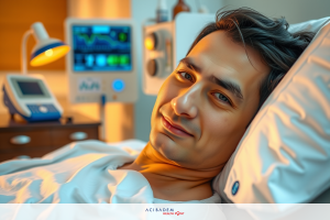 Man lying in a hospital bed, looking at the camera with a calm expression. Medical equipment and ambient lighting suggest this is likely an ICU or critical care setting.