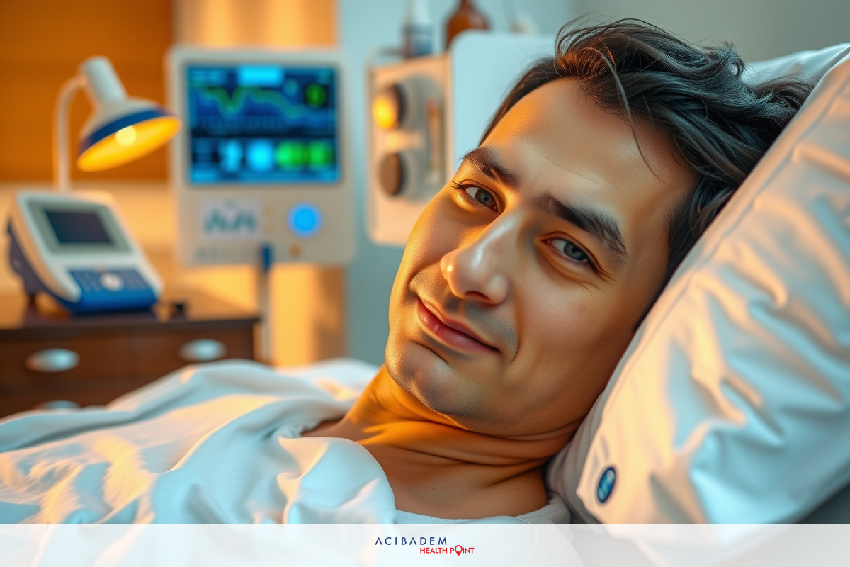 Man lying in a hospital bed, looking at the camera with a calm expression. Medical equipment and ambient lighting suggest this is likely an ICU or critical care setting.
