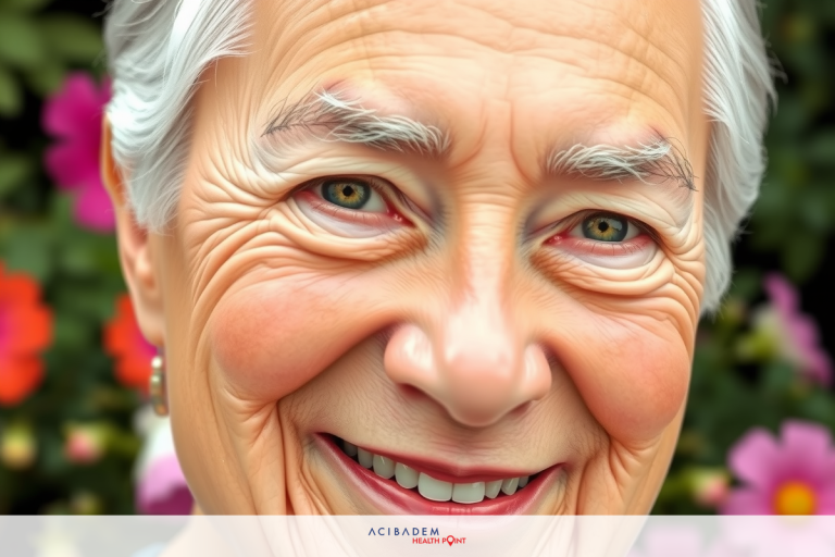 The image shows an elderly woman with a cheerful expression. She has white hair and is wearing makeup that highlights her eyes and lips.