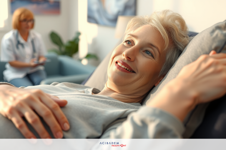 The image depicts a woman lying on her back, resting comfortably with her hands placed gently over her stomach. She appears content and is smiling at someone out of the frame. The room has a soft ambiance with pastel colors and natural light suggesting it might be a medical or healthcare facility.