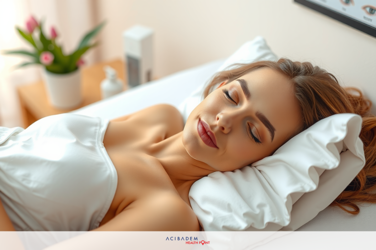 The image shows a woman lying down, seemingly asleep or resting. She has her eyes closed and appears relaxed. The woman is wearing a white top which suggests she might be at home. In the background, there's a potted plant and some other indoor furnishings that are not clearly distinguishable.