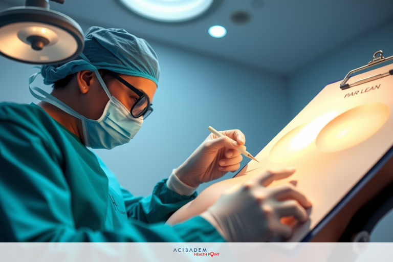 A medical professional, dressed in surgical attire including a mask, gloves, and gowns, is seated at a table with papers and a pen. The individual appears to be making notes or marking something on the documents during what could be a pre-operative consultation or assessment.