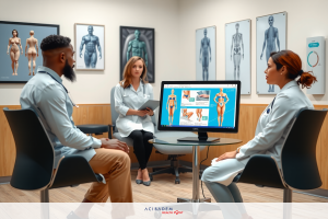 Three individuals in a medical setting with digital display, likely discussing patient case.