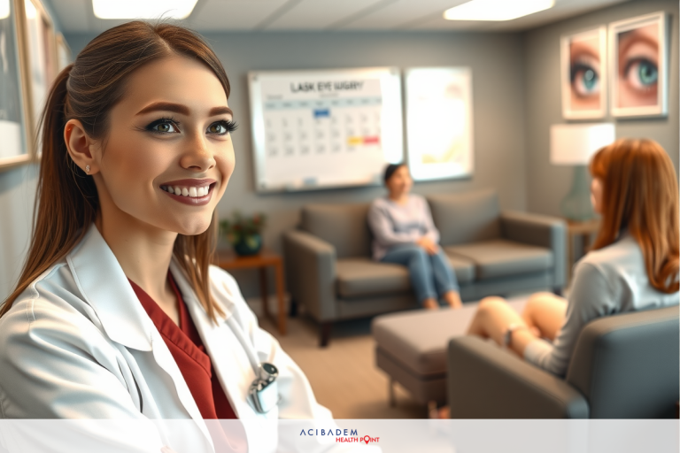 This is an image of a young female doctor in her office. She's smiling and seems to be engaged in conversation with two patients sitting across from her on a couch. The environment looks like a professional medical setting.