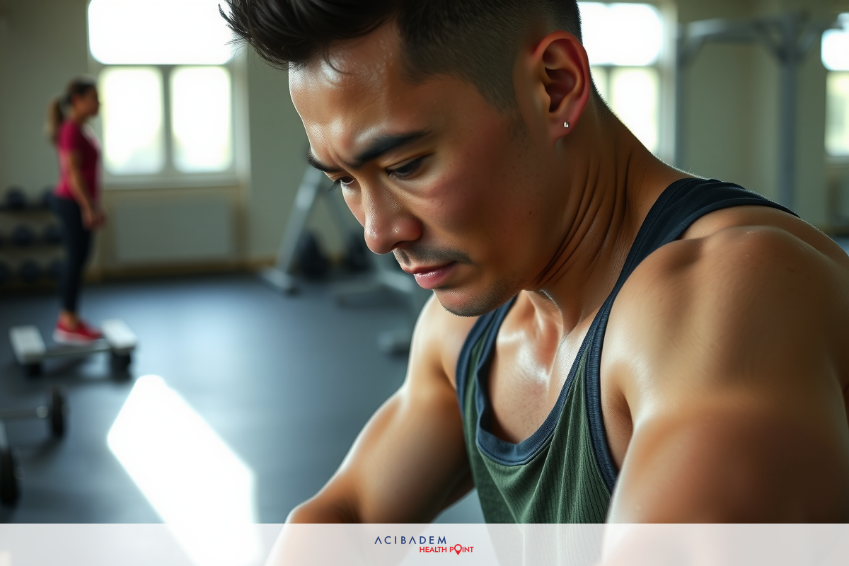 The image depicts a person in a gym. The individual is dressed in workout attire and appears to be engaged in an upper body exercise, possibly using weightlifting equipment. The environment suggests a well-equipped fitness center with multiple pieces of exercise equipment visible around the person.