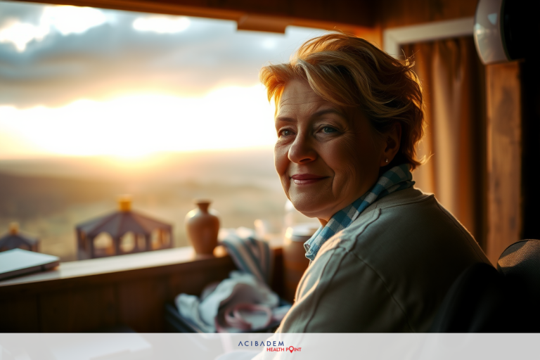 An older woman is sitting at a desk, looking out of a large window during sunset. She has short hair and is wearing a long-sleeve top with a scarf.