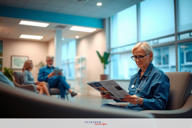 The image features a medical office environment with a woman sitting on a couch, dressed in scrubs. She is reading a magazine or paperwork. There are other people present, possibly staff members, engaged in various activities.