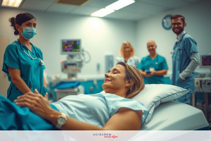 In a busy hospital room, medical professionals gather around a patient on a bed. The team includes at least two nurses and one doctor, all focused on their tasks with the patient's health in mind.