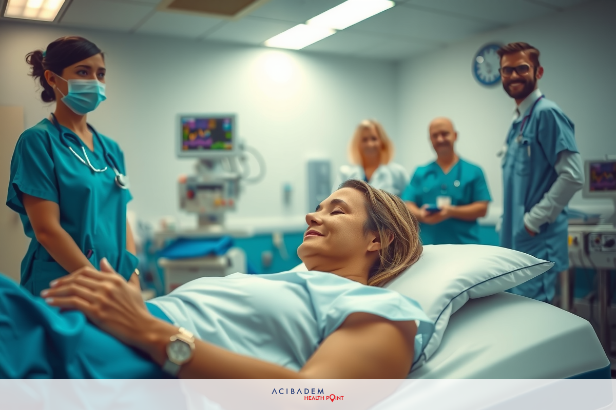 In a busy hospital room, medical professionals gather around a patient on a bed. The team includes at least two nurses and one doctor, all focused on their tasks with the patient's health in mind.