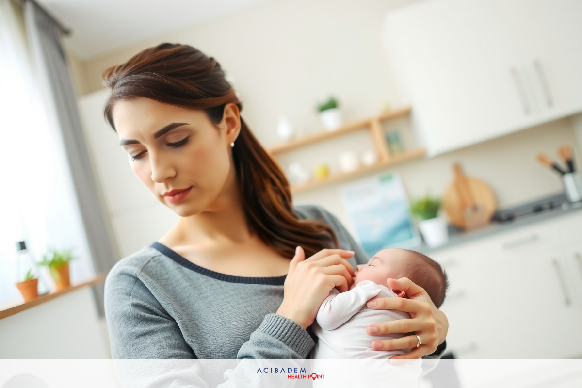 A mother feeding her baby in a home kitchen. The woman is holding the child securely while standing near the kitchen counter. The baby is being breastfed.