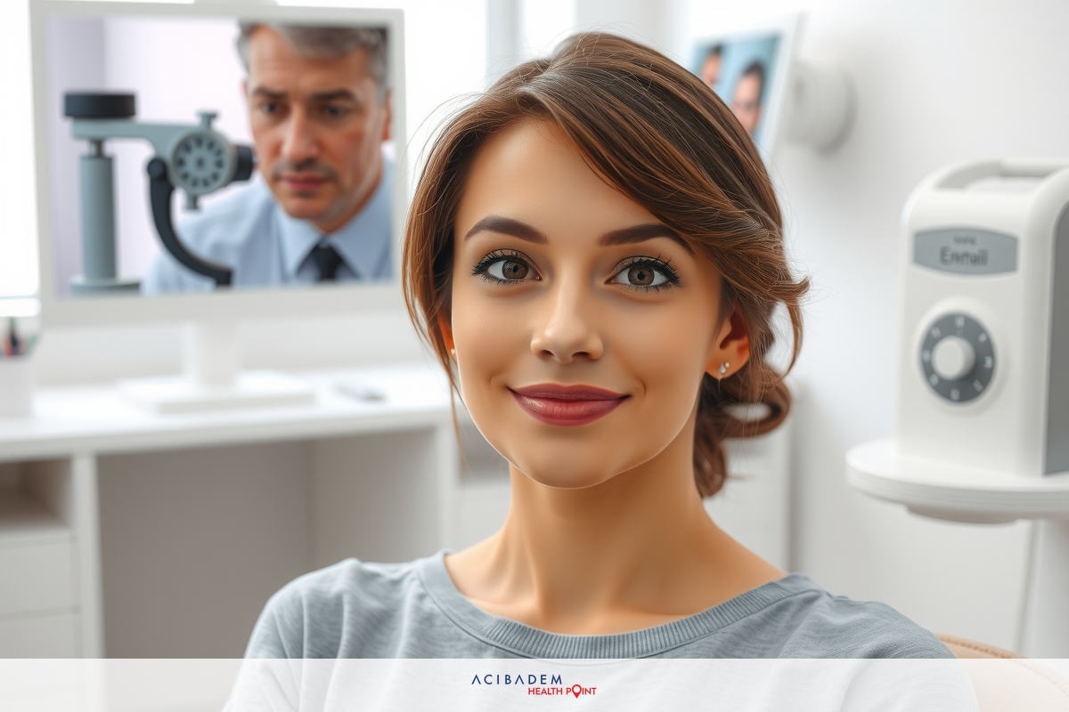 In the image, a young woman is seen sitting in what appears to be a medical office. She is looking towards the camera with a neutral expression and her hair is styled down, giving an impression of professionalism suitable for a clinical setting.