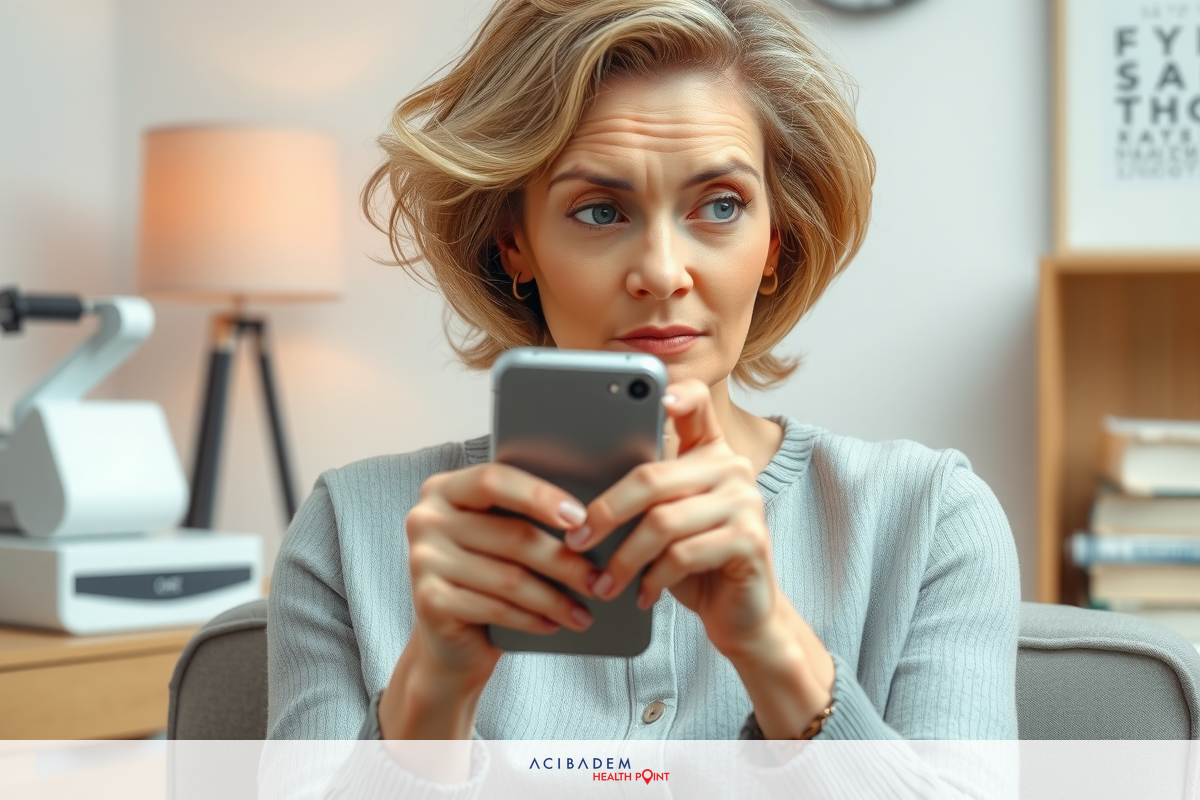 A woman in a grey sweater sits at a desk, looking at her smartphone with concern. The room is modern with a white floor and a clock hanging on the wall.