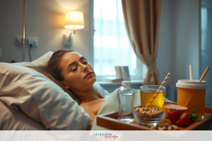 A young woman is lying in a hospital bed, her eyes closed as if she's resting or asleep. Beside her on the bed is a tray with food and drink items. The setting looks like a standard hospital room.