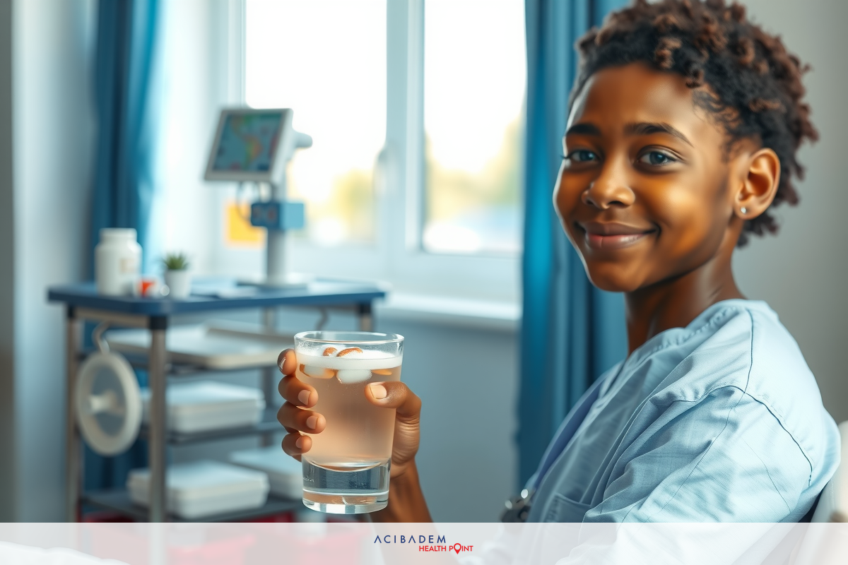 The image features a young person sitting on a hospital bed. They are wearing light-colored scrubs and have a cheerful expression, holding a glass of water in their hand. The environment suggests a clinical setting with medical equipment visible in the background. There's a window allowing natural light into the room.