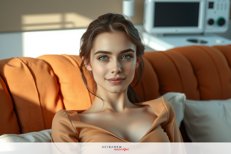 A woman sitting on a couch with natural light coming in, wearing a beige top, looking directly at the camera.