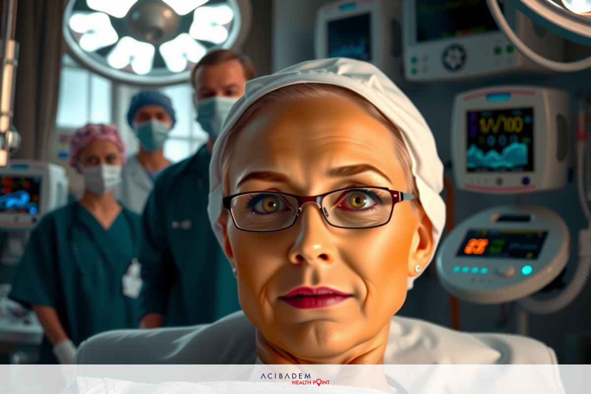 The image shows a hospital room where medical staff are attending to a patient. The central figure appears to be an elderly woman lying on the hospital bed, being observed by two surgeons dressed in surgical gowns and masks. They are focused on her, suggesting a medical procedure or examination is taking place. The background features typical hospital equipment such as monitors and medical devices.