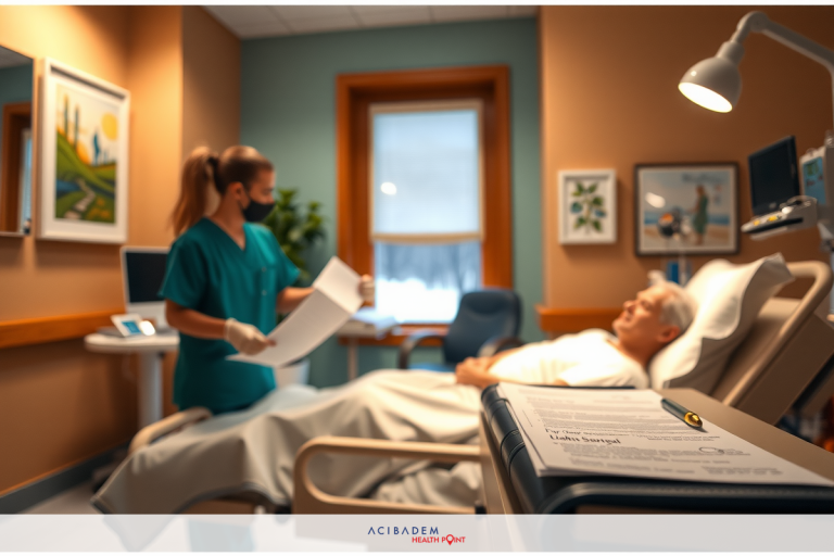 A hospital room with medical personnel. A man is lying on a bed, receiving attention from a nurse. The room has clinical equipment and monitors. The atmosphere suggests healthcare services being provided.