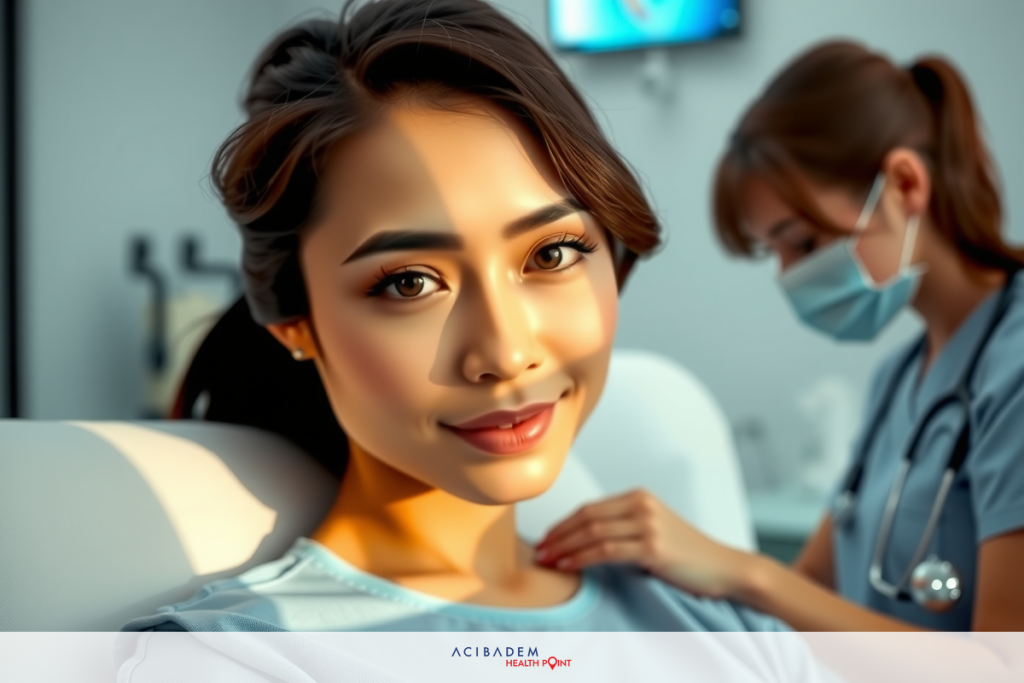 How Do They Do a BBL Surgery? The image depicts a female doctor examining a patient in a medical office setting. The patient, wearing a light blue gown over her clothes, is sitting on an examination table with a white backrest. She is looking directly at the camera with a neutral expression. The doctor, dressed in professional attire including a surgical mask, stands to the side and appears to be performing an examination or procedure.
