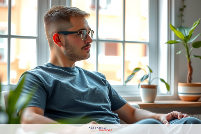 Man in casual clothing, sitting on couch indoors, wearing glasses, with blurred background featuring plants and a window.