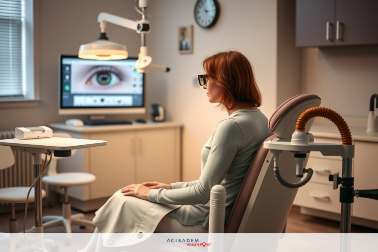 Can You Redo LASIK Eye Surgery? A woman wearing a white lab coat is seated inside a medical office. She is using a high-definition monitor that projects an image of an eye, likely for diagnostic purposes in ophthalmology or optometry.