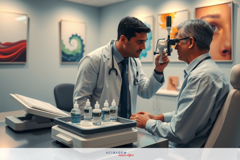 The image depicts a medical office setting. Two men are seated; one appears to be a doctor wearing a white lab coat and the other seems to be a patient receiving care. The office is well-lit with a professional atmosphere.