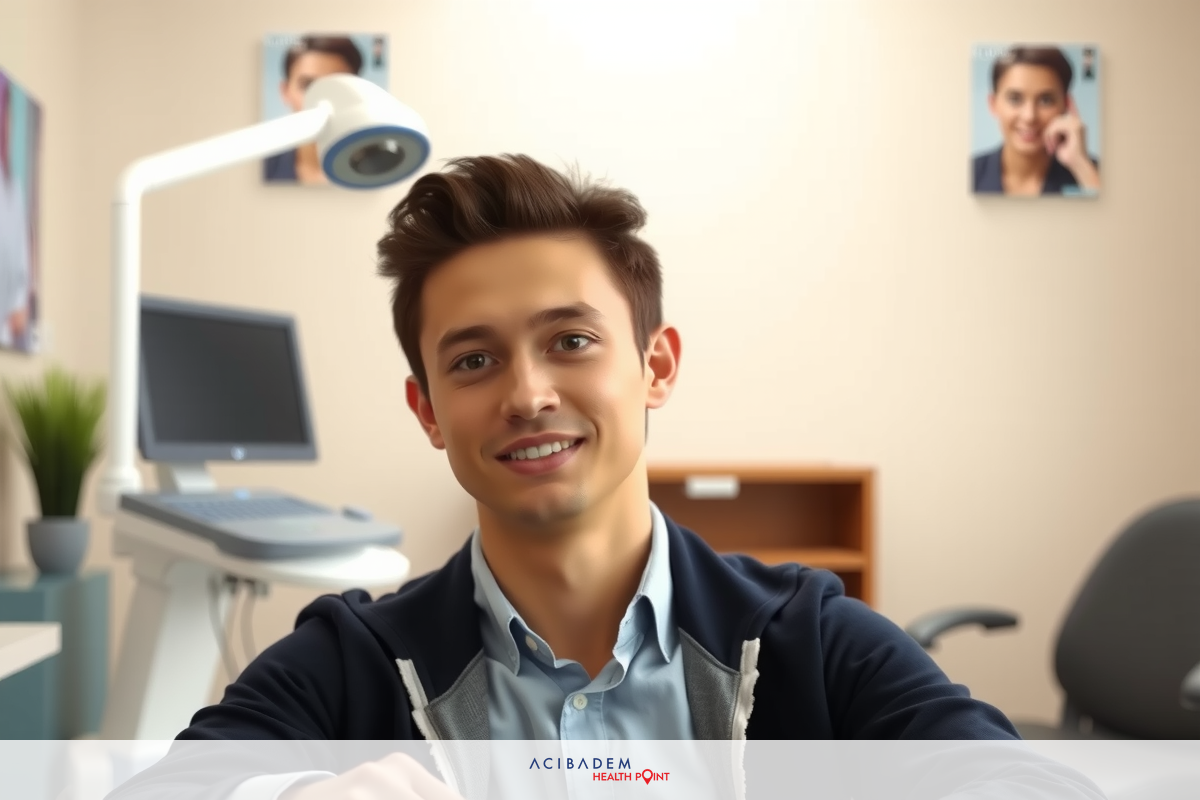 Smiling young male dentist with open mouth, sitting at a reception desk in an office environment.