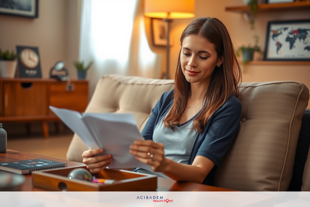 A woman sitting on a couch, reading a document with a pen in her hand, suggesting she is working or reviewing papers. The setting appears to be a cozy living room or home office, and the overall color scheme is warm with earthy tones.