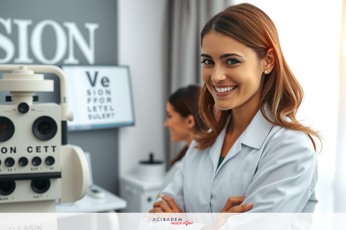The image features a woman in an optical office setting. She is wearing a white lab coat and standing behind a diagnostic examination device with multiple lenses and dials, which is commonly used for eye exams. The environment suggests a modern, professional practice focusing on vision care.