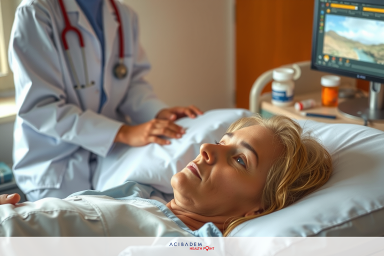 The image shows a medical scene with a woman lying on a hospital bed. She appears to be in an examination or consultation setting. A healthcare professional is standing next to her, and the focus suggests they are engaged in some form of assessment or discussion.