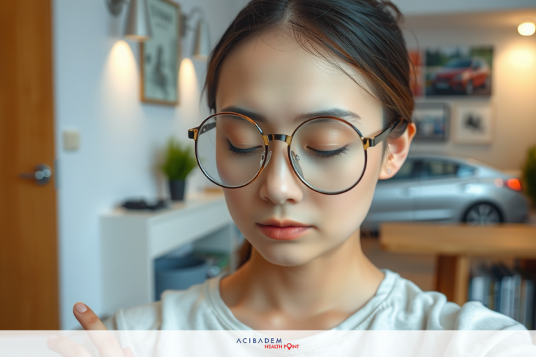 Can You Drive Home After LASIK Eye Surgery? The image shows a young woman taking a selfie. She has a peaceful expression on her face and is wearing glasses with a thin frame, a casual white shirt, and her hair tied back in a low bun.