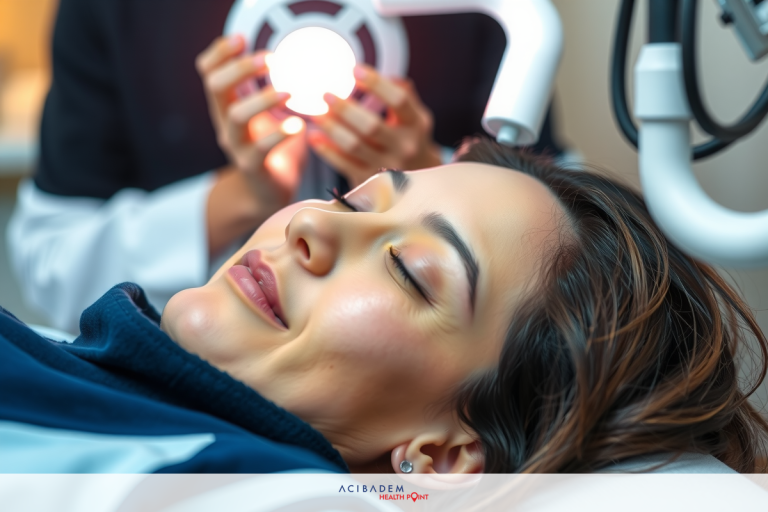 Does LASIK Eye Surgery Fix Lazy Eye? The image depicts a person lying down, presumably receiving some type of health treatment. A professional is in the background operating what appears to be a lasik eye surgery device. The environment suggests a calm and clinical atmosphere.