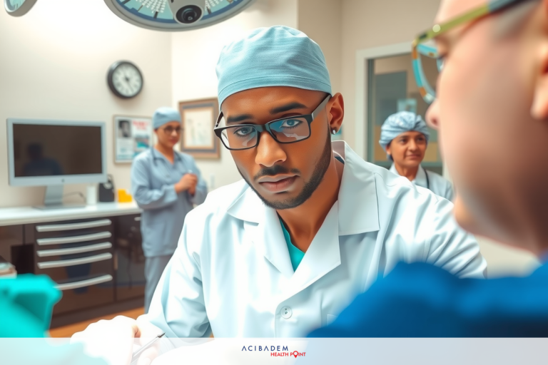 A surgical suite with several medical professionals wearing scrubs. A patient on a stretcher being attended to by a surgeon.