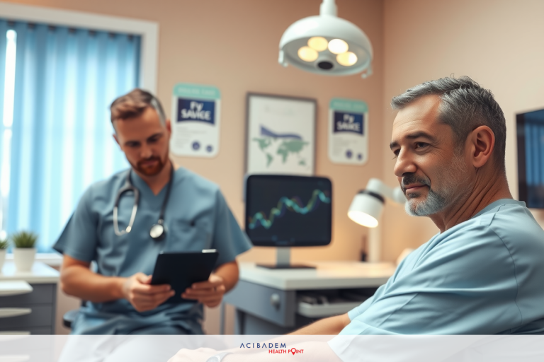 A hospital setting where a doctor is examining a patient. The doctor has a tablet and stethoscope. Both doctors are in scrubs. The room appears well-lit and clean, with medical equipment visible.