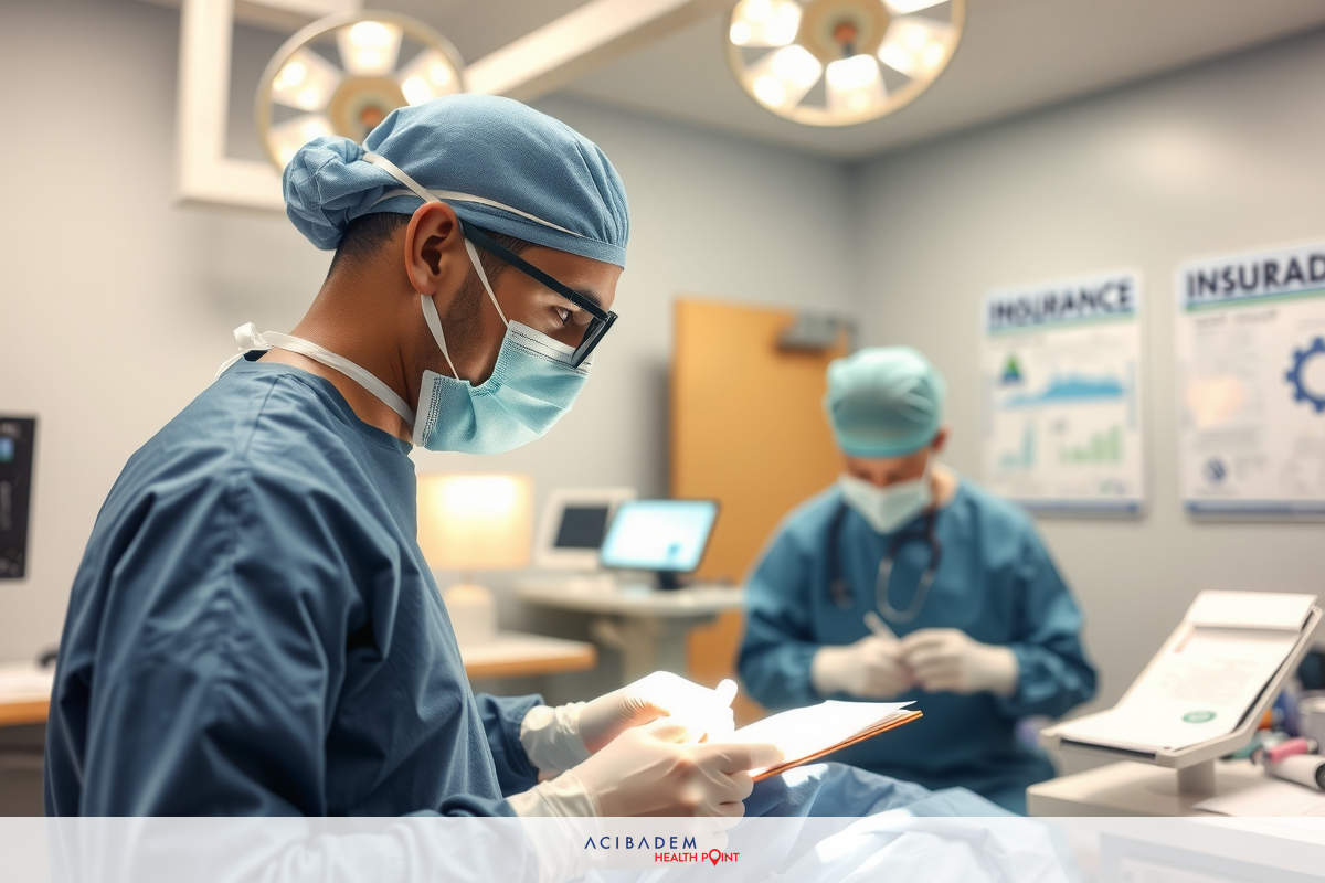 The image depicts a hospital setting with two medical professionals, likely doctors, dressed in blue surgical gowns and masks. They are focused on patient records, possibly reviewing medical charts or discussing a case. The environment is sterile with bright overhead lights.