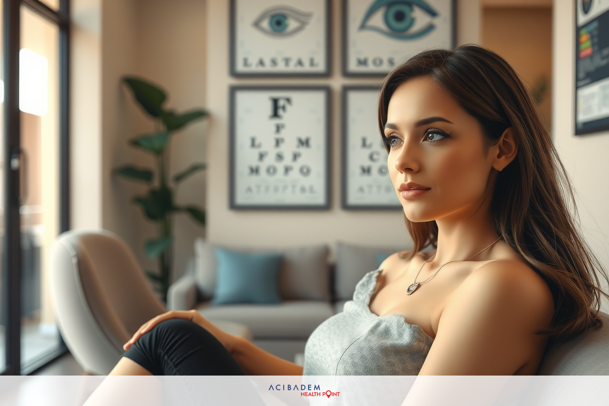 Young woman sitting on sofa in brightly lit room with contemporary decor. White walls, framed pictures, and stylish furniture create modern, relaxed atmosphere.