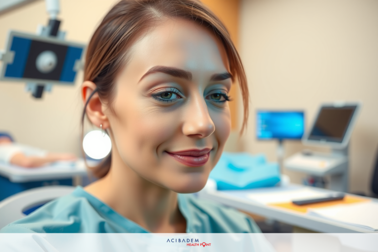 The image is a photograph of a smiling woman in scrubs, who appears to be a medical professional. She's seated at a chair with her patient on the opposite side, and various dental equipment visible around them.