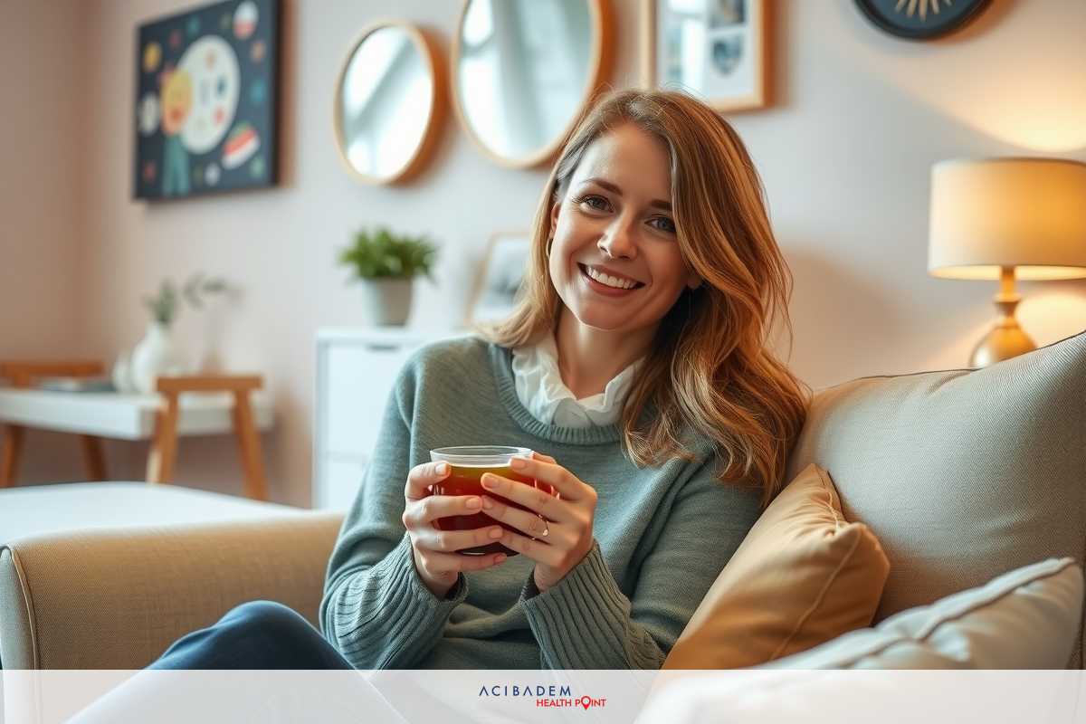 The image features a woman sitting on a couch, holding a coffee mug. She appears to be relaxing or enjoying her drink in a cozy and well-decorated living room.